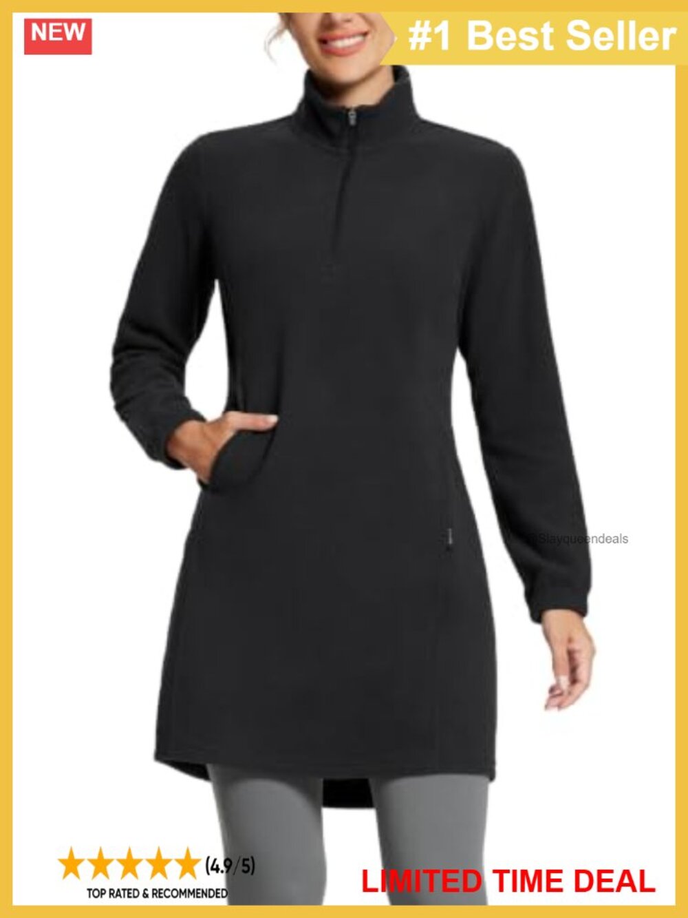Fleece Long Tunic Sweatshirt Dress Quarter Zip Pullover Kangaroo Pocket Active
